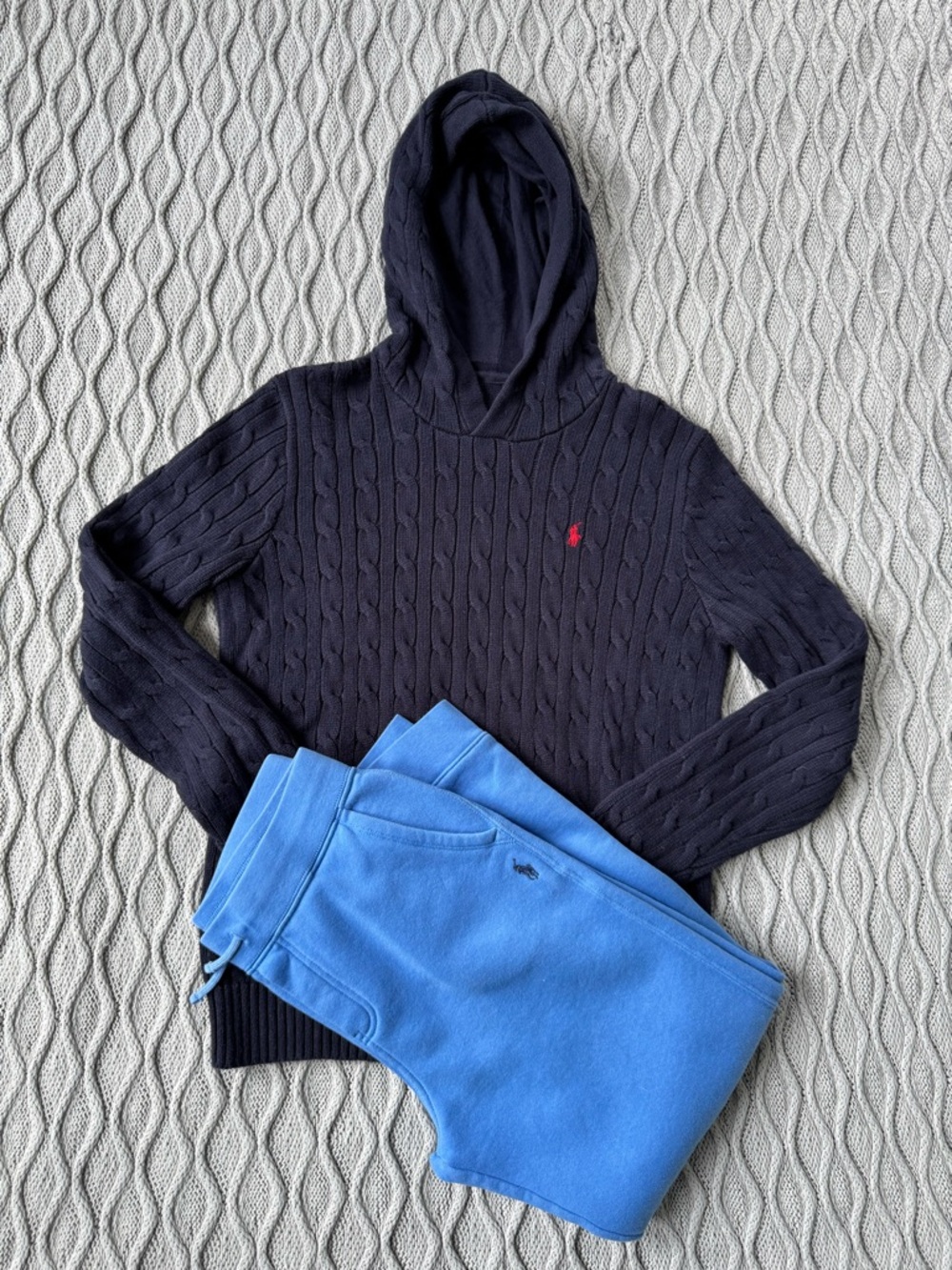 Bundle Youth Polo Ralph Lauren Cable Knit Cotton Hooded Sweater + Sweatpants